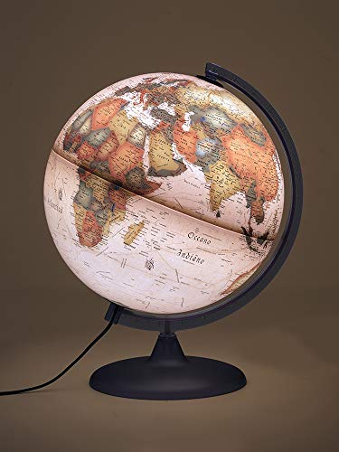 Tecnodidattica – Globo terráqueo A2 Atmosphere luminoso, giratorio, cartografía estilo antiguo y meridiano graduado, diámetro 30 cm