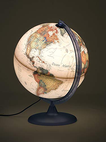 Tecnodidattica – Globo terráqueo A2 Atmosphere luminoso, giratorio, cartografía estilo antiguo y meridiano graduado, diámetro 30 cm