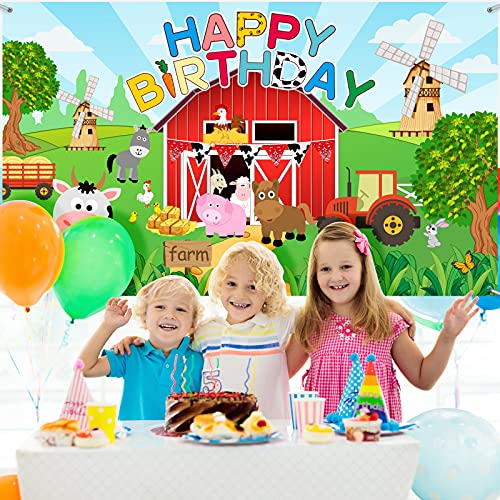 Telón de Fondo de Fotografía de Cumpleaños de Granja Grande Fondo de Fiesta de Happy Birthday Fondo de Foto de Cumpleaños de Tema Animal de Dibujos para Baby Shower, 72,8 x 43,3 Pulgadas