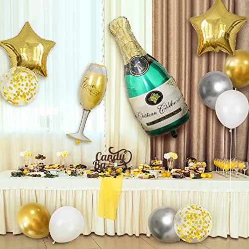 Teselife Botella de vino, copa de vino, fiesta, juego de globos, globos de látex de metal, accesorios para fiestas, papel de aluminio dorado, globo de pentagrama con lazo (dorado y verde)