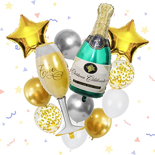 Teselife Botella de vino, copa de vino, fiesta, juego de globos, globos de látex de metal, accesorios para fiestas, papel de aluminio dorado, globo de pentagrama con lazo (dorado y verde)