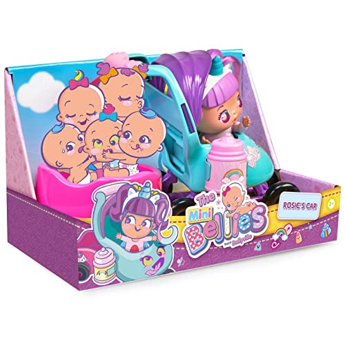 The Bellies from Bellyville - Mini Rosie´s Car, Coche de Juguete para los muñecos Mini Bellies, Incluye Pegatinas, biberón y una Mini Rosie Rainbow, Tiene Hueco para 3 muñecas, Famosa (700017071)