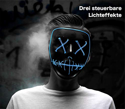 TK Gruppe Timo Klingler Máscara de terror LED roja - como de Purge con 3 efectos de luz, controlable, para Halloween como disfraz para hombres y mujeres (blue)