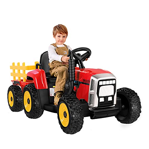 Tractor eléctrico, con remolque, 12 V, 7 Ah, motores de 35 W, rueda de EVA, con mando a distancia 2,4 GHz, 2 + 1 velocidades, claxon, Bluetooth, USB, reproductor MP3, 7 luces ledes (rojo)