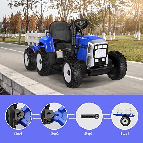 Tractor eléctrico, con remolque, 12 V, 7 Ah, motores de 35 W, rueda de EVA, con mando a distancia 2,4 GHz, 2 + 1 velocidades, claxon, Bluetooth, USB, reproductor MP3, 7 luces ledes (azul)
