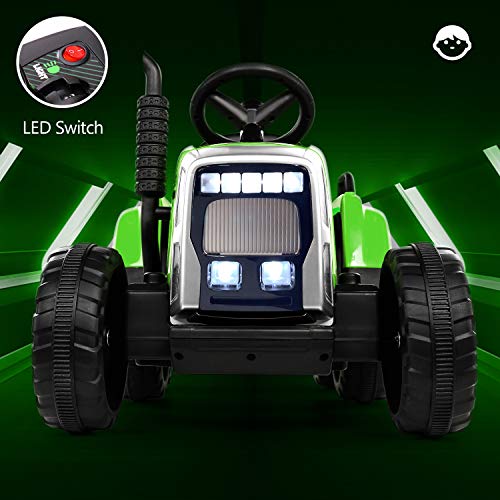 Tractor eléctrico de juguete, 12 V, 7 Ah, 2 + 1 velocidades, remolque, 7 luces ledes, botón de advertencia/reproductor MP3/Bluetooth/puerto USB, mando a distancia, para niños de 3 a 6 años (verde)