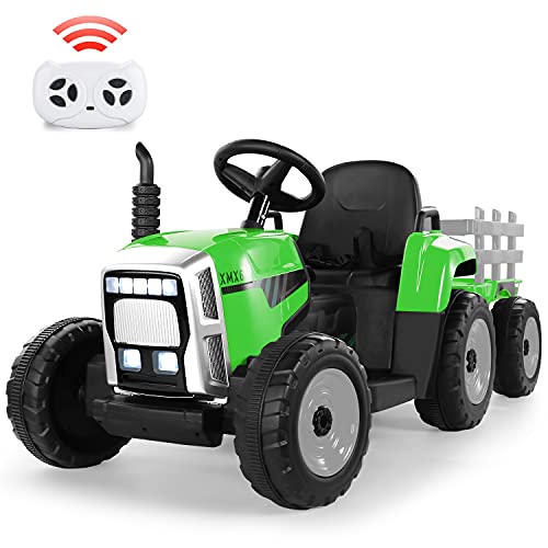 Tractor eléctrico de juguete, 12 V, 7 Ah, 2 + 1 velocidades, remolque, 7 luces ledes, botón de advertencia/reproductor MP3/Bluetooth/puerto USB, mando a distancia, para niños de 3 a 6 años (verde)