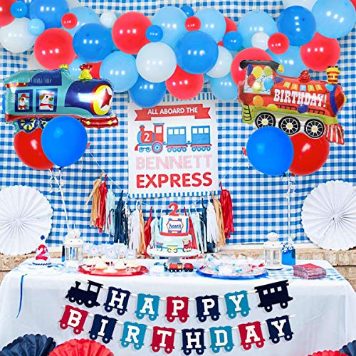 Tren decoraciones de cumpleaños – Kit de guirnalda de globos ferroviarios de tren de vapor Mylar Globos de feliz cumpleaños Banner para niño 2/3/4 años de edad suministros de fiesta de cumpleaños
