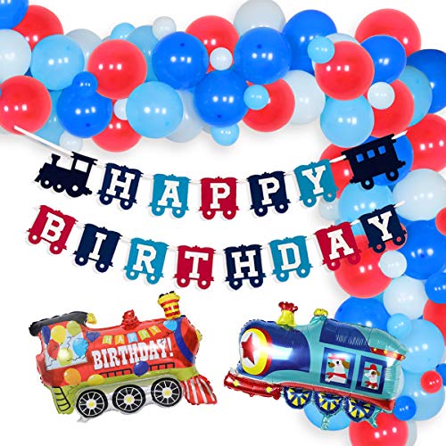 Tren decoraciones de cumpleaños – Kit de guirnalda de globos ferroviarios de tren de vapor Mylar Globos de feliz cumpleaños Banner para niño 2/3/4 años de edad suministros de fiesta de cumpleaños
