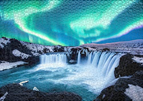 Ulmer Puzzleschmiede - Puzzle Los Elementos del Norte: Puzzle de 1000 Piezas - Cascada de Godafoss en Noruega con la Aurora Boreal en el Cielo