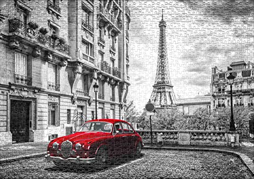 Ulmer Puzzleschmiede - Puzzle París: Puzzle de 1000 Piezas - Motivo nostálgico de París en Blanco y Negro con Coche Rojo, Torre Eiffel al Fondo