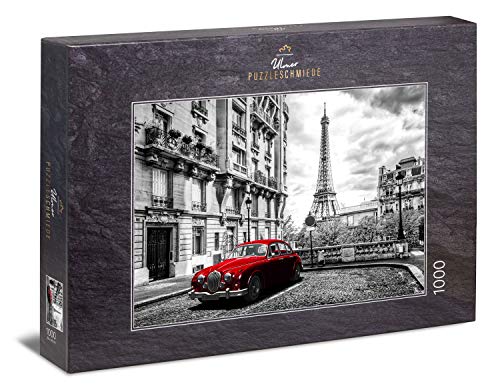 Ulmer Puzzleschmiede - Puzzle París: Puzzle de 1000 Piezas - Motivo nostálgico de París en Blanco y Negro con Coche Rojo, Torre Eiffel al Fondo