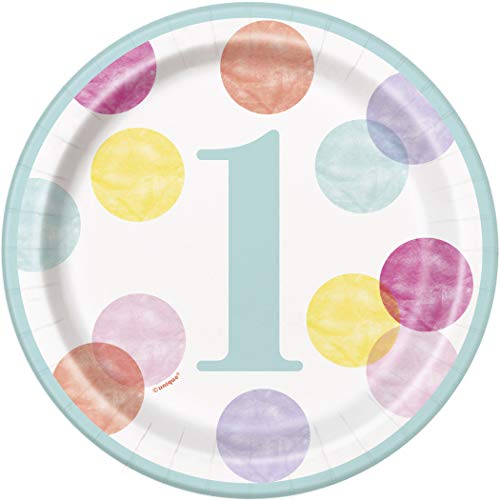 Unique Party - Platos de Papel - 18 cm - Diseño de Lunares Rosa 1er Cumpleaños - Paquete de 8 (73284)