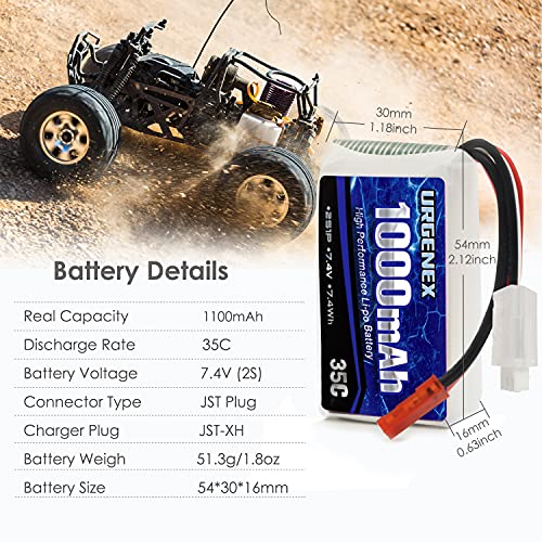 URGENEX Batería de polímero de litio 2S, 7.4 V, 1100 mAh, 35 C, compatible con Deans T Plug compatible con 1/16 escala Brushless Racing RC Truck Q903 HBX 16889 16890 XLH Q903 Q901 Q902, 1 paquete
