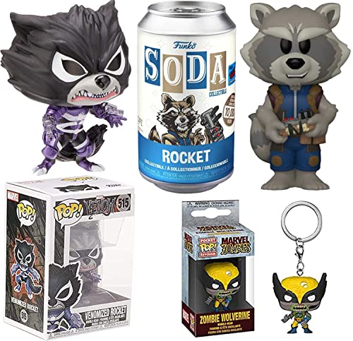 Venom Venomized Pop! Rocket Raccoon Figure Guardians Galaxy Bundled with Thanos Mini + Zombies Blind Box + Captain Marvel Pocket Keychain Vinyl Collectibles 4 Items