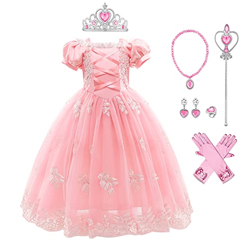 Vestido de Princesa Aurora para Niña con Tul Disfraz Aurora Bella Durmiente con Organza Floral con 6pcs Accesorios Princesa Vestido de Fiesta de Disfraz Carnaval Camarón Rosado01 6-7 años