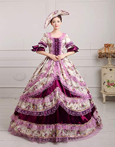 Vestido rococó de los años 1700 Marie Antonieta Renacimiento Vestido de Bola Vestido de Cuento de Hadas Victoriano Brocado Vestido de Bola (L, Rococo-Púrpura)