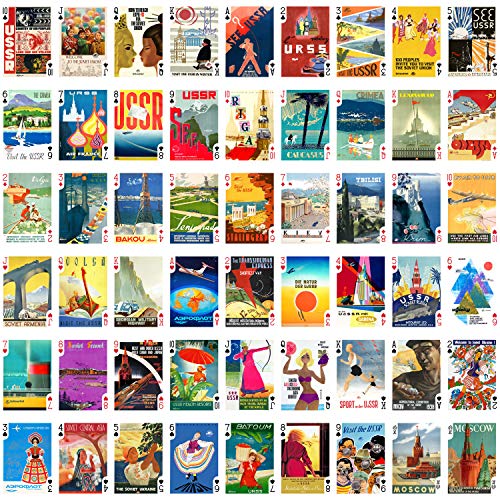 Viaje Rusia Jugando a las cartas (Poker Deck 54 cartas todas diferentes) Vintage Rusia URSS Moscú Kremlin Airline Ferrocarril Viaje Poster