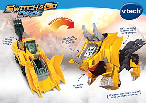 VTech- Switch & Go Dinos Juguete Brutus, El triceratops Excavadora, Color amarillo (3480-195122)