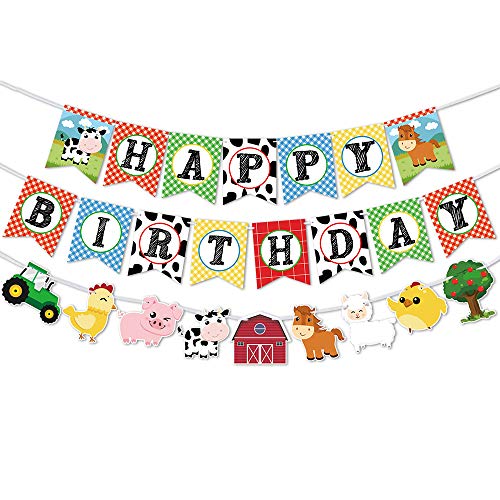 WERNNSAI Pancartas de Cumpleaños de Animales de Granja - Happy Birthday Banderas con Guirnalda de Empavesado de Corral de Tractor para Niños Niñas Suministros de Decoraciones para Fiestas