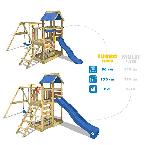 WICKEY Parque Infantil de Madera TurboFlyer con Columpio y tobogán Azul, Torre de Escalada de Exterior con arenero y Escalera para niños