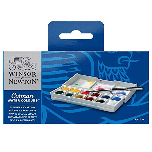 Winsor & Newton Sketcher Cotman Caja plástica de acuarela, 12 medio Godet + Pinceles de Acuarela, Madera, Multicolor, 7 x 1 x 4.3 cm, 6 Unidades