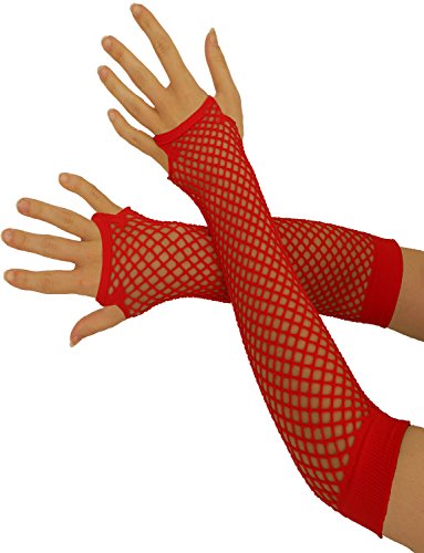 Yummy Bee - Guantes sin Dedos de Rejilla - Guantes Disfraz - Largos Cortos Mujer Negro Rojo Multicolor (Rojo, Largos)
