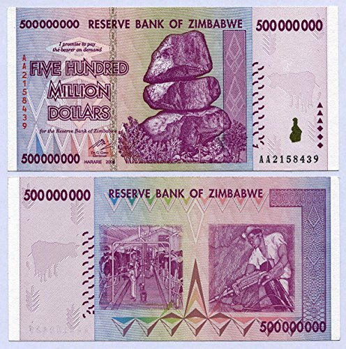Zimbabwe 500 Million Dollars 2008 UNC, World inflation record, currency banknotes by RBZ
