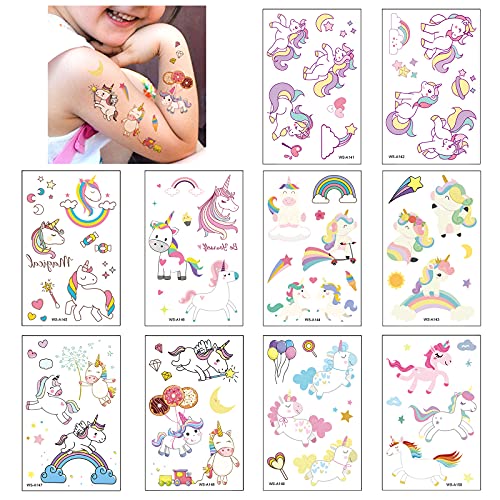 10 Hojas Unicornio Tatuajes Temporales Para Niños Niñas, Falso Tattoos Pegatinas Impermeables Calcomanías para Infantiles Regalo de Fiesta de Cumpleaños