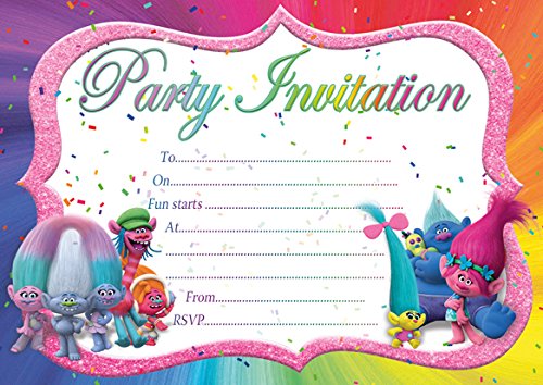 10 invitaciones para fiestas de cumpleaños de Trolls (sobres blancos)
