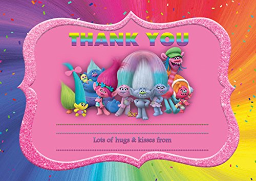 10 tarjetas de agradecimiento Trolls (con sobres rosados)