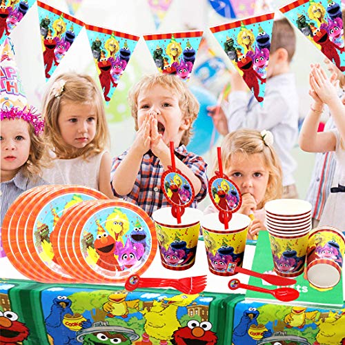 92 Piezas Decoración de Fiesta Decoración de Fiesta de cumpleaños de Barrio Sésamo,Juego Vajilla Fiesta Cumpleaños Papel, Platos Mantel Servilletas Vajilla Cumpleaños Decoracion para Niños