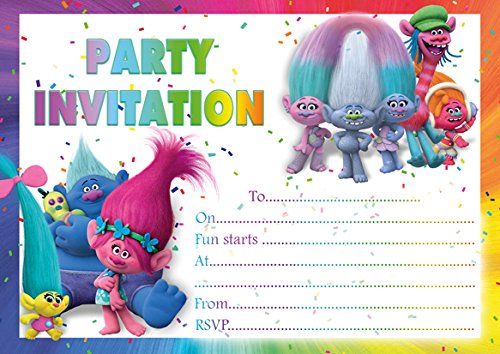 ABV Designs 10 invitaciones para fiesta de cumpleaños de niños de Trolls (sobres rosos)