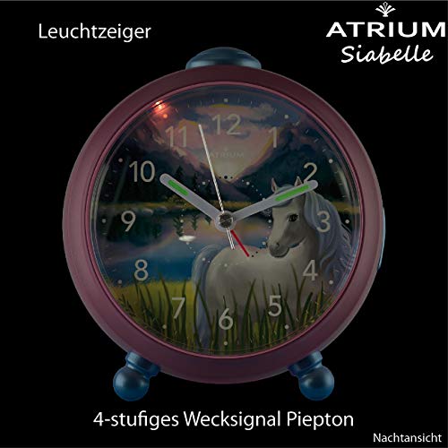 ATRIUM Siabelle A932-17 - Despertador infantil (analógico, cuarzo, diseño de caballo, sin tic tac), color rosa