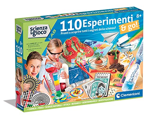 Clementoni Juego Lab-110 experimentos & Go Química, Kit de experimentos Ciencia, Laboratorio científico 8 años, Manual en Italiano, Multicolor, 19255