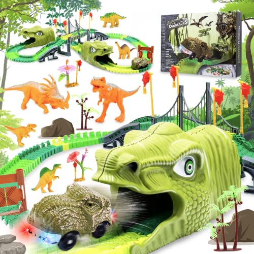 Dinosaurios Juguetes para Niños 257 Piezas Jurassic World Juguetes Pista de Carreras Dinosaurios con Coche Construcciones Juguetes Educativos Regalos para Niños Niñas de 3-8 años