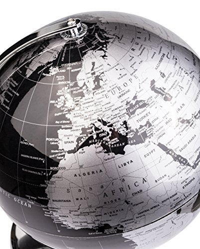 Exerz 25cm Globo Terráqueo - Mapa en Inglés - Decoración de Escritorio educativa/geográfica/Moderna - con una Base de Metal - Negro Metálico - Diámetro: 25cm