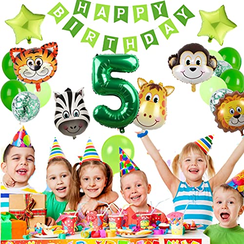 Globos de 5º cumpleaños con temática de animales, color verde jungla, decoración de cumpleaños para niños de 5 años, globos de animales del bosque, globos de cumpleaños para niños y niñas
