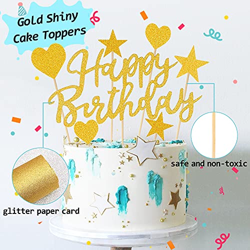 Happy Birthday Cake Toppers,Topper Cake Feliz Cumpleaños/Corazones Estrellas Cupcake Topper/Abanicos de Papel Globos Cake Topper,Oro Decoración para Tartas de Cumpleaños para Niña Chico Mujer Hombre