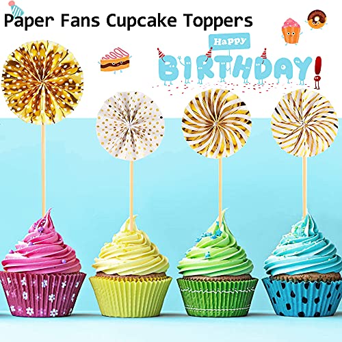 Happy Birthday Cake Toppers,Topper Cake Feliz Cumpleaños/Corazones Estrellas Cupcake Topper/Abanicos de Papel Globos Cake Topper,Oro Decoración para Tartas de Cumpleaños para Niña Chico Mujer Hombre