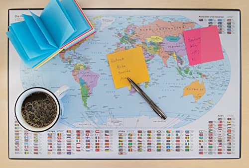 Idena 10447 - Almohadilla de escritorio con dos bolsillos, mapa del mundo, aprox. 58,5 x 38,5 cm, práctico accesorio para habitaciones infantiles, juveniles y de estudio
