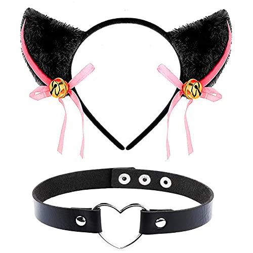 JAHEMU Disfraz de Gato Accesorio Diadema de Gato Zorro Orejas de Gato Zorro choker corazon para Mujer Niña Disfraces Fiesta Halloween Cumpleaños Cosplay, 2 Piezas