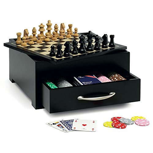 Juego Game Set mesa I tablero incluye Ajedrez, Dama, Backgammon, 2 cartas de poker y 200 fichas - Negro