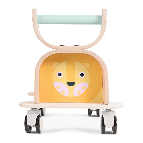 Lalaloom LIONER - Andador para bebe de madera natural (diseño león, correpasillos para equilibrio, caminador con ruedas de 360 grados), 40x27x35 cm, color Amarillo