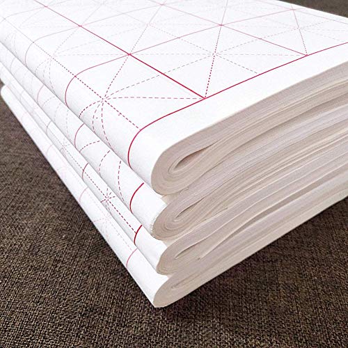LSHY Handmade Grid Xuan Paper Script Pequeño Suelta Medio Maduro de Papel de Arroz Blanco para Niños Chino Pluma y Tinta Japonesa Kanji Caligrafía Práctica 100 Hojas (65 x 33 cm)