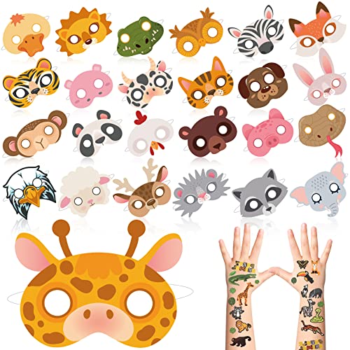 Maitys 25 Piezas Máscaras de Animales de Papel de Niños y 2 Pegatinas de Tatuaje Temporal de Selva Máscaras de Animales de Bosque de Dibujos Animados Halloween para Fiesta Cumpleaños Disfraz