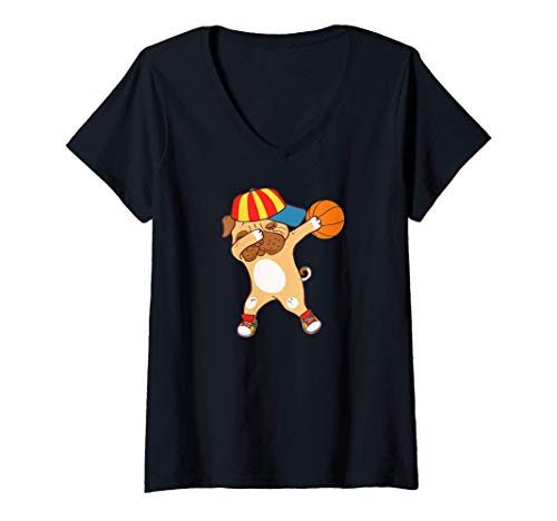 Mujer Cute Dabbing Basketball Dog Gift Funny Bulldog Dab Player Camiseta Cuello V