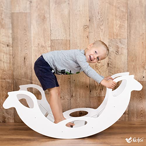 Nobsi Balancín de arco para niños, hecho a mano, de madera, ideal como arco de escalada, caballo balancín azul, blanco, madera natural