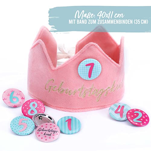 Papierdrachen Corona de cumpleaños de terciopelo con números, color rosa, para cumpleaños infantiles, con botones de números del 1 al 8, sombrero decorativo para fiestas, juego de 1