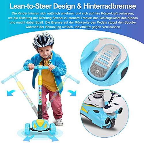 Patinete de 3 ruedas para niños de 3 a 10 años, altura regulable de 3 ruedas, Bluetooth incorporado, con pulverizador de vapor y ruedas luminosas, plegable, para niños, jóvenes y niñas (azul)